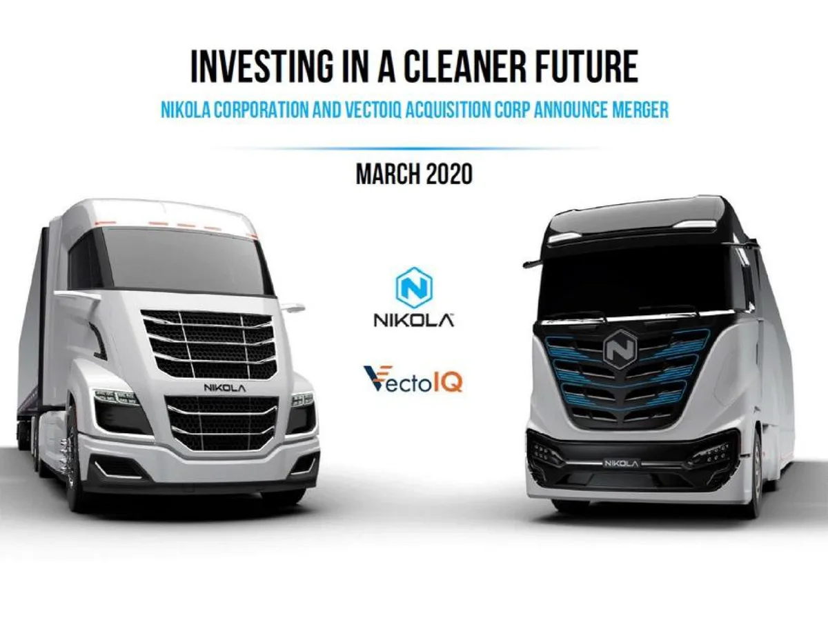 Features branding for both companies and product imagery of Nikola trucks.