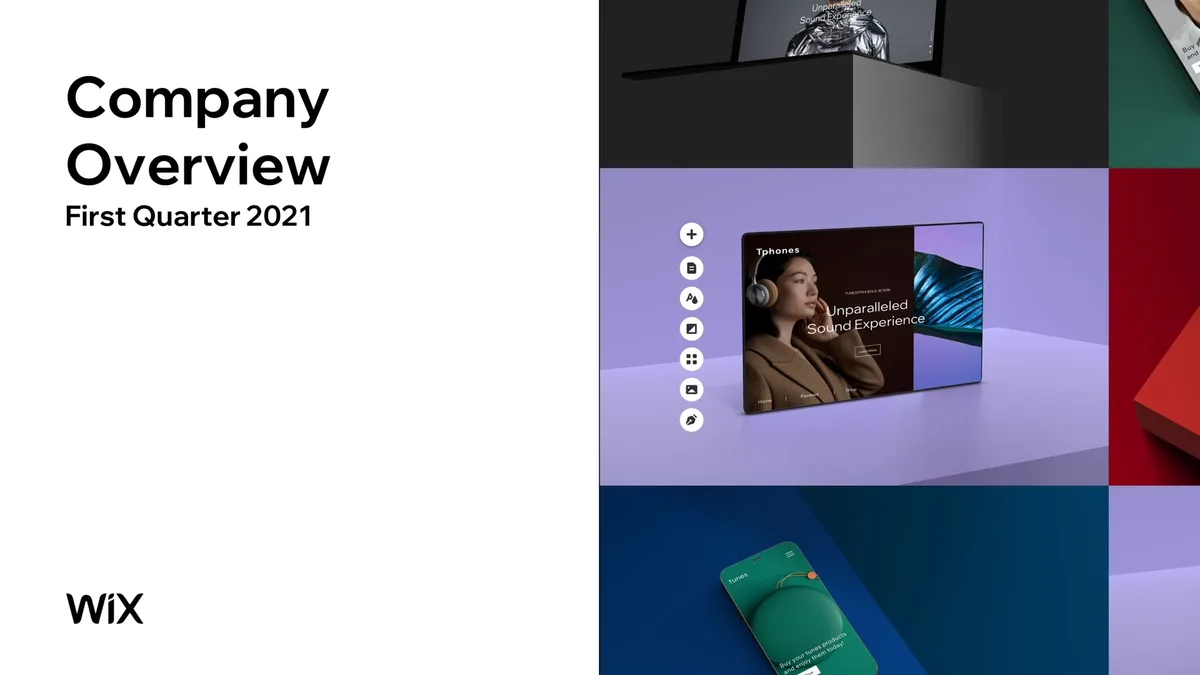 The slide features a grid of product design mockups on the right side.