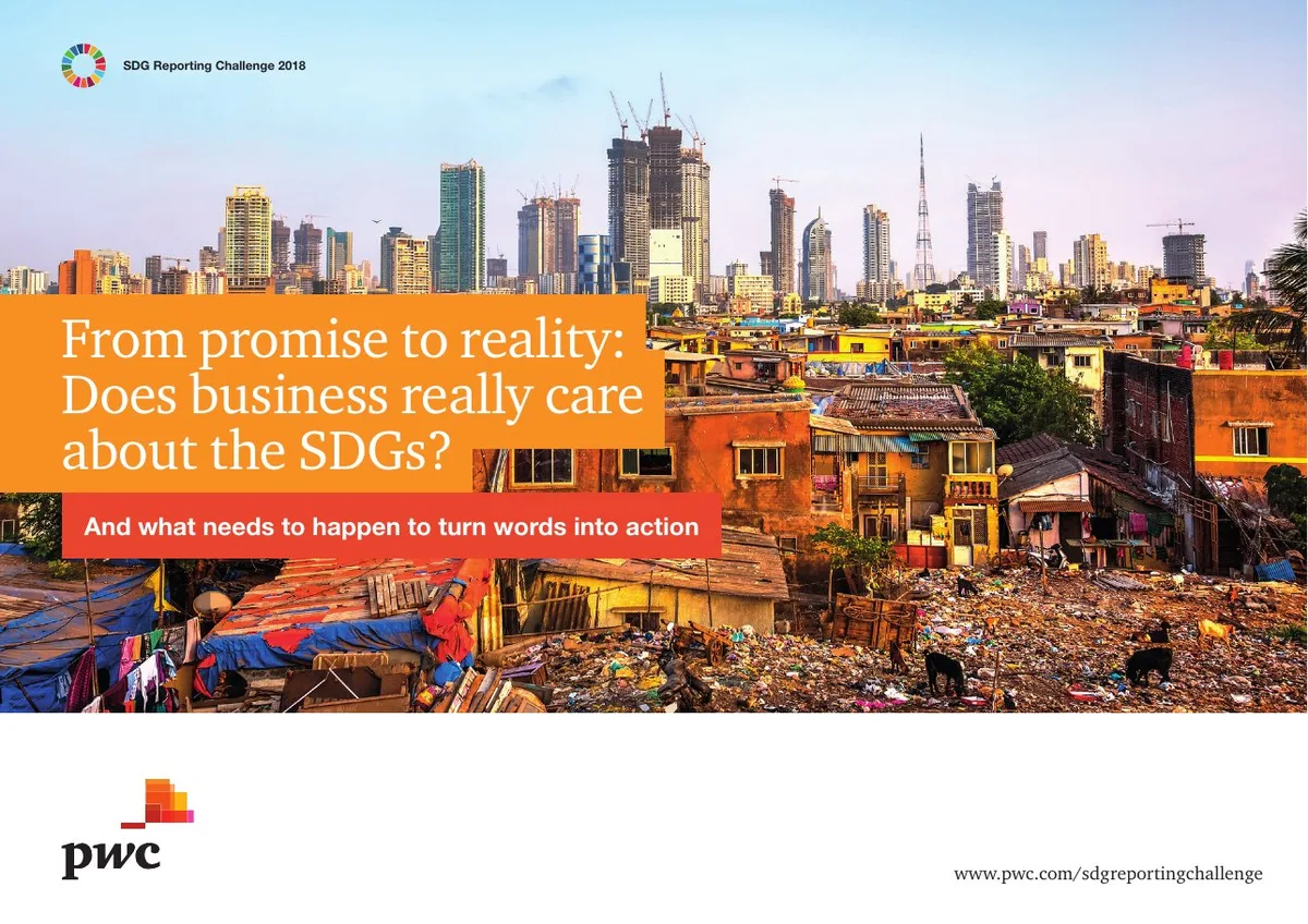 The slide uses a visual juxtaposition of a modern skyline and a slum to frame the problem of corporate commitment to SDGs.