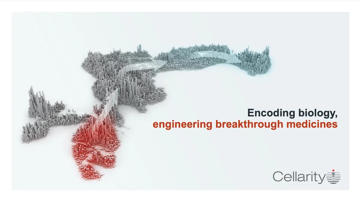 The visual is a 3D landscape representation of biological data, likely representing a 'cell state' manifold.