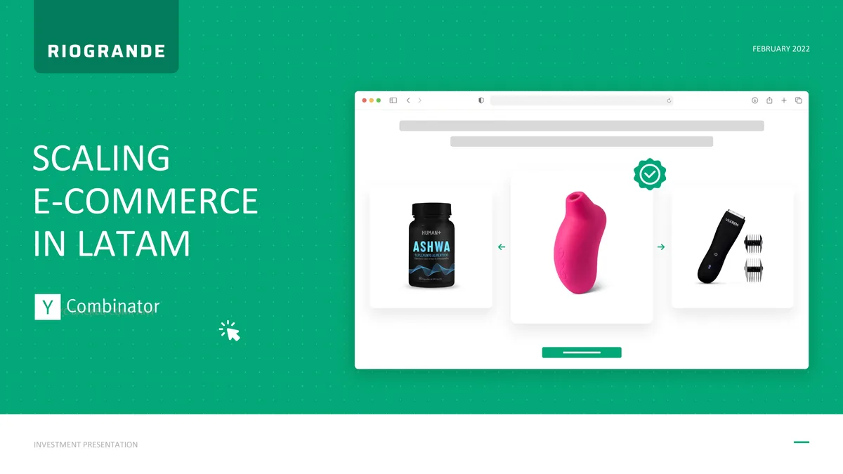The slide features a browser window mockup displaying three distinct consumer products.