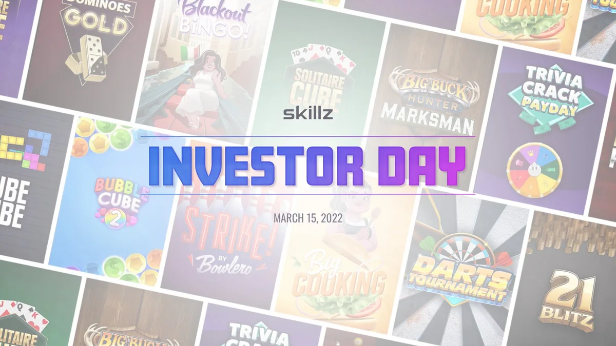 The slide features a background collage of various game logos and a central Skillz logo.