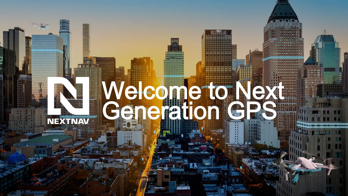 The image features a city skyline with digital overlays suggesting drone navigation and location services.