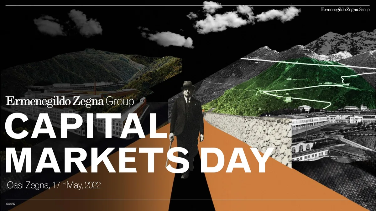 Features a stylized collage of the founder and the Oasi Zegna landscape.