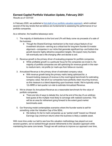 Calm Company Portfolio Valuation Update February 2021