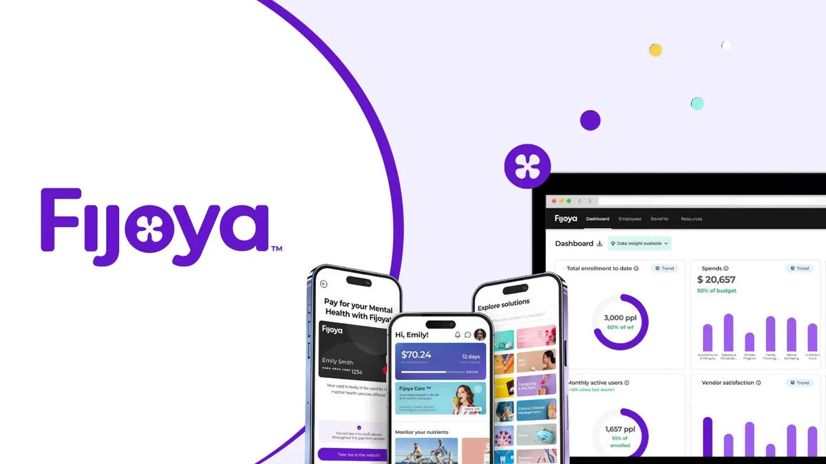 The slide serves as a brand and product introduction, highlighting the dual-interface nature of the solution (member mobile app and employer dashboard).