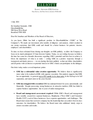 Elliott Management GSK Letter July 2021