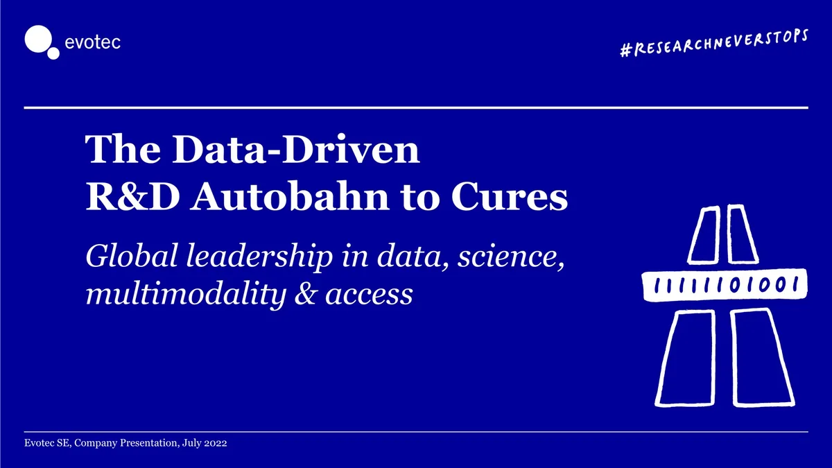 The slide uses a metaphor of an 'Autobahn' with binary code on the road surface to represent data-driven R&D.