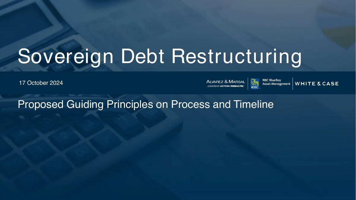 Includes logos for Alvarez & Marsal, RBC BlueBay Asset Management, and White & Case.