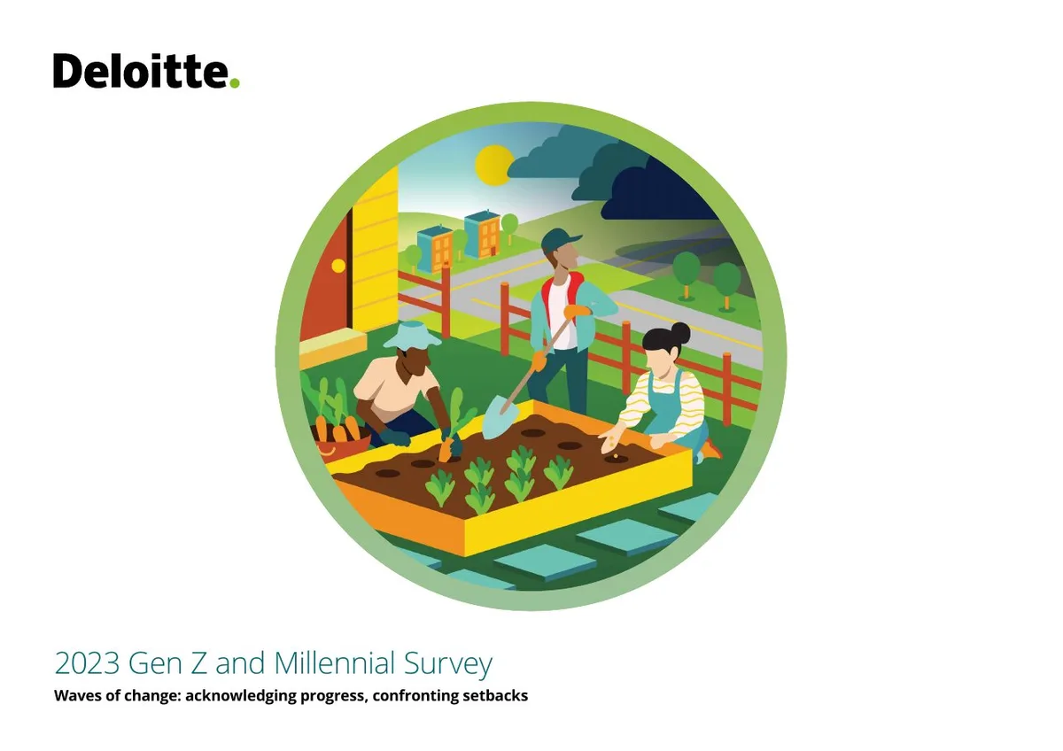 Features a circular illustration of people gardening, symbolizing growth and change.