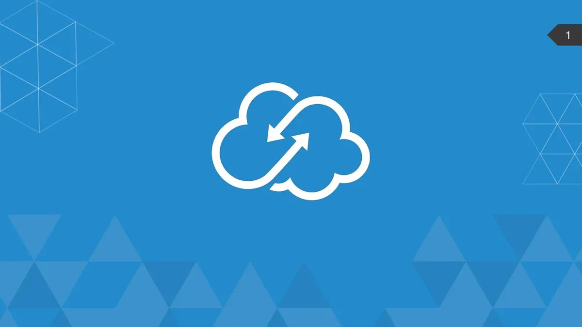 The slide is minimalist, containing only a central icon on a branded blue background with geometric patterns.
