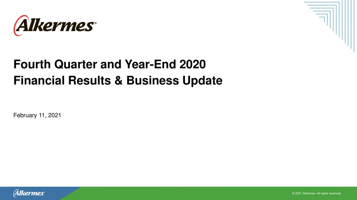 Alkermes | Results Presentation Deck | 15 slides · slide 1