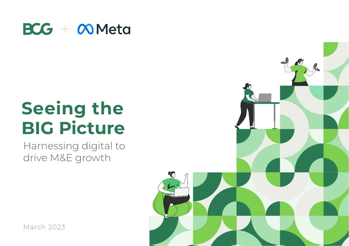 Includes logos for BCG and Meta, and a stylized illustration of people working in a digital environment.