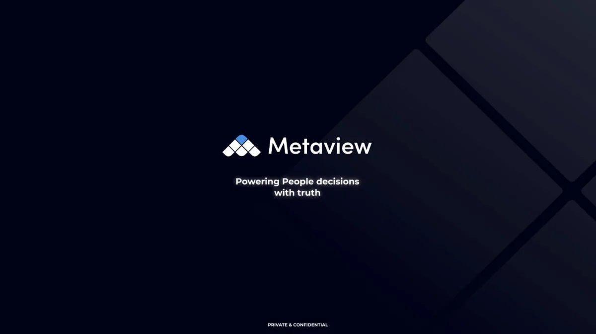 Ex-Uber and Palantir tech leads are using AI to remove bias from hiring with their new startup. Check out the 18-slide pitch deck Metaview used to raise $6 million. · slide 1