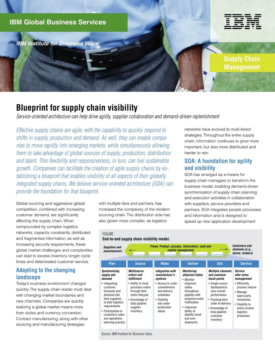 The slide uses a standard supply chain process model (Plan-Source-Make-Deliver-Sell-Service) to illustrate where SOA provides visibility.