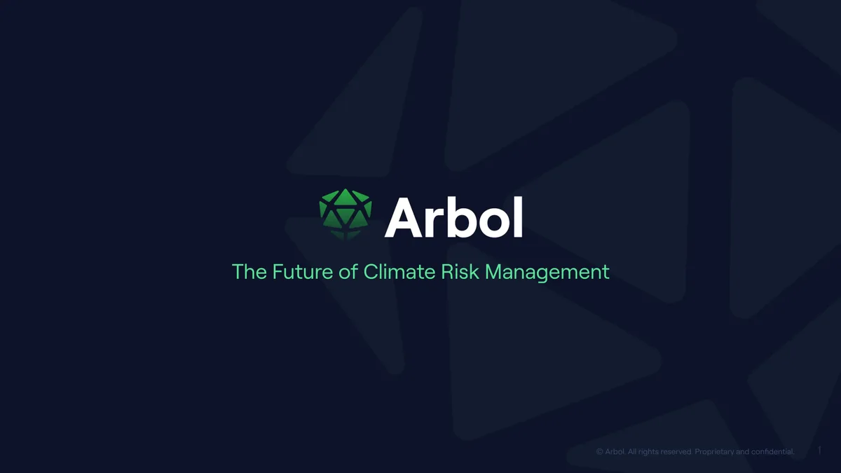 Pitch deck for AI climate insurance startup Arbol's $60 million Series B · slide 1