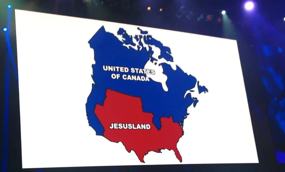 This is a famous satirical map often used to illustrate the 'Red State/Blue State' divide in the US.
