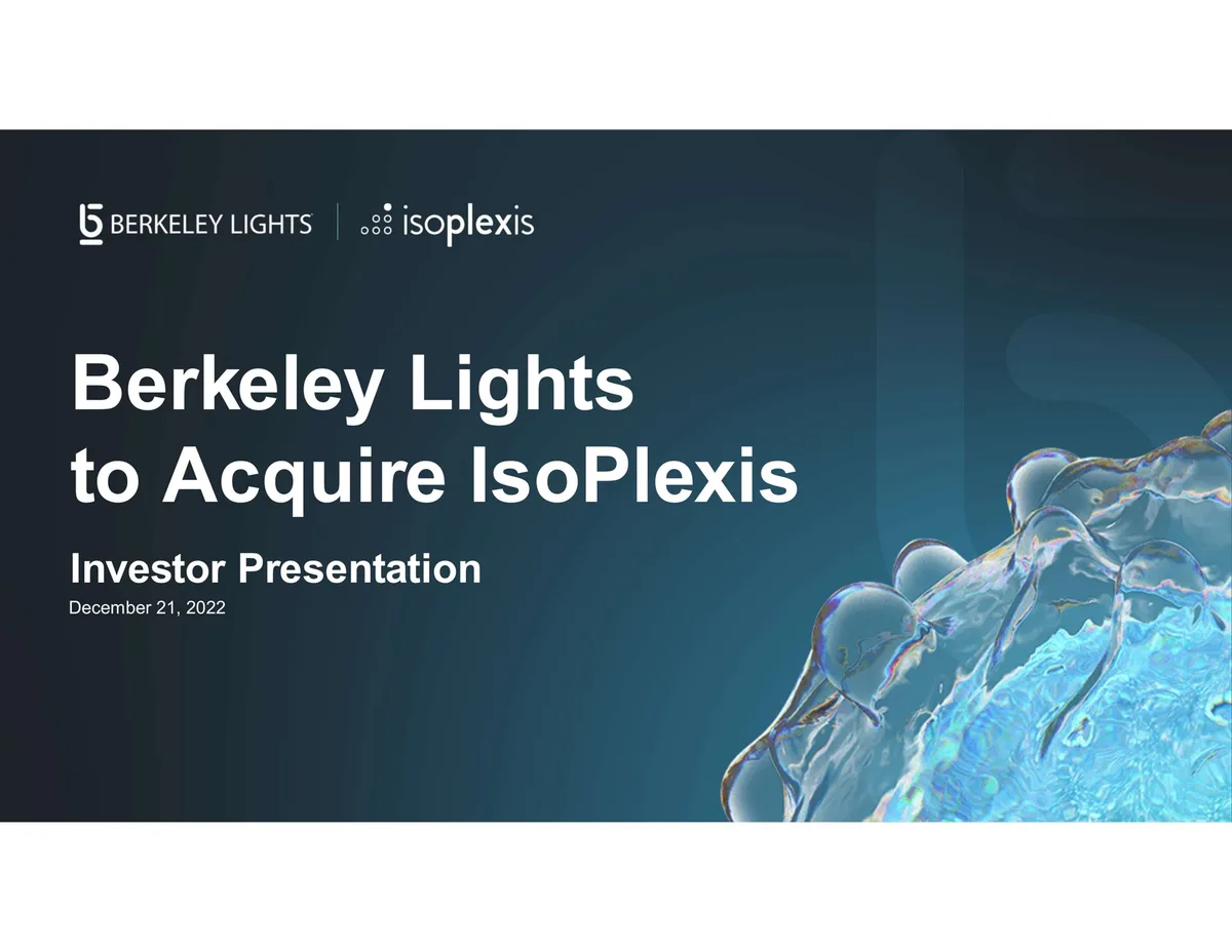 Berkeley Lights | Mergers and Acquisitions Presentation Deck | 17 slides · slide 1