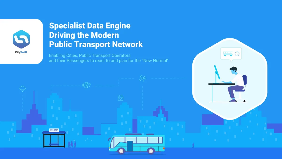 The slide uses a stylized city illustration to convey the theme of urban mobility and data connectivity.