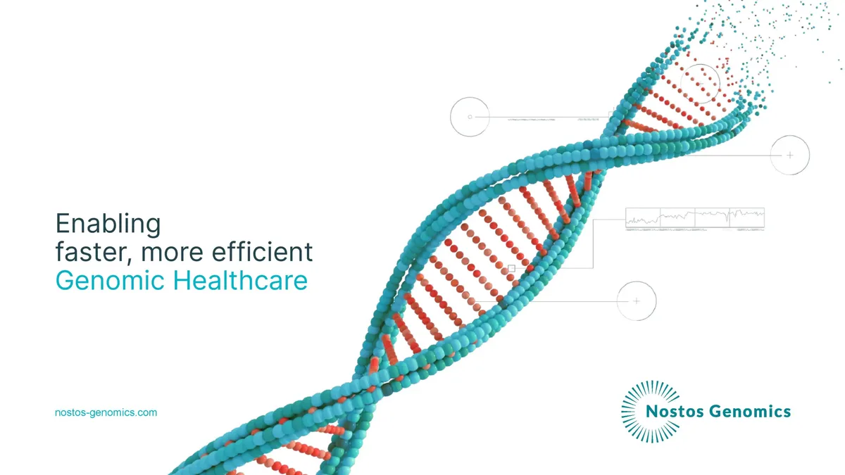 The slide uses a stylized DNA helix as the primary visual element, with subtle technical annotations (circles and a small line graph) to imply scientific precision.