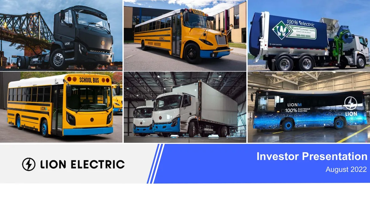 The slide features a grid of six images showing different Lion Electric vehicle types (trucks, school buses, and a shuttle bus).