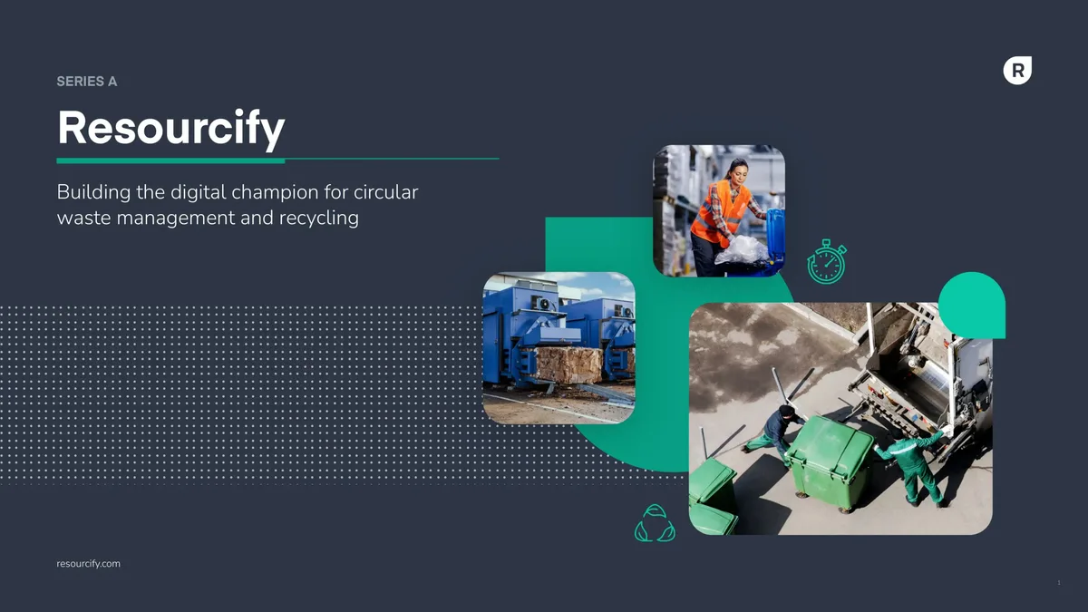 Series A pitch deck: Resourcify raises $14.9M for waste management · slide 1
