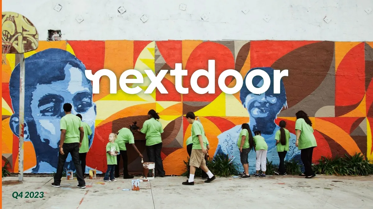 The slide features the Nextdoor logo overlaid on a photo of community members painting a mural.