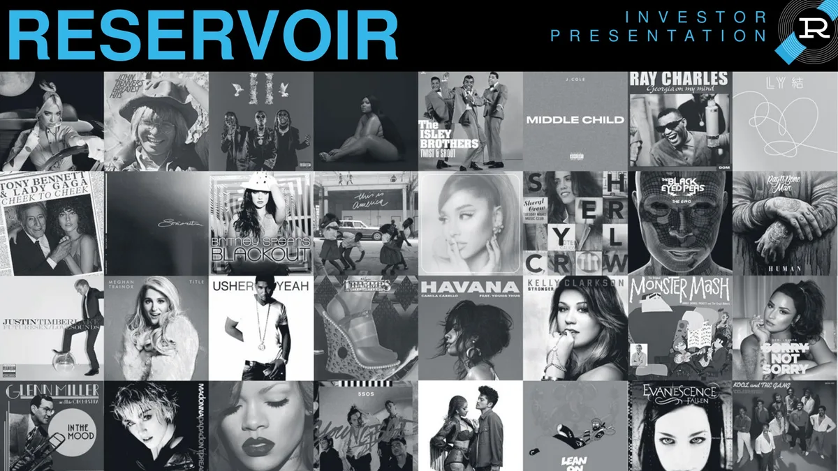 The slide serves as a visual representation of the company's music catalog or industry presence.