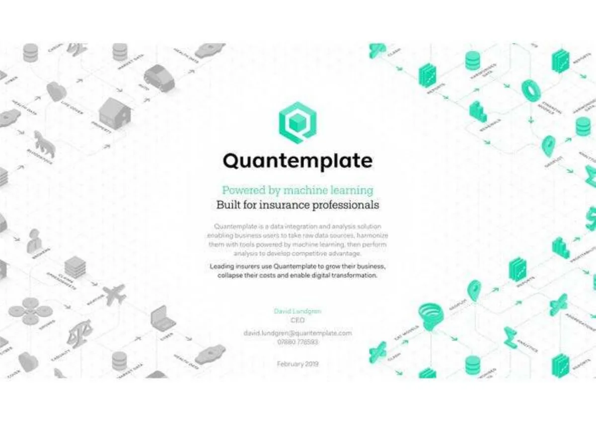 The background features an isometric infographic illustrating data flow and insurance processes.