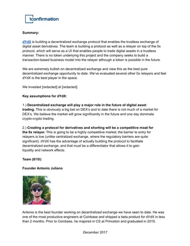 dYdX Investment Memo December 2017
