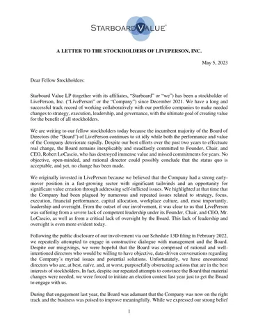Starboard Value Liveperson Letter to Sharedholder May 2023