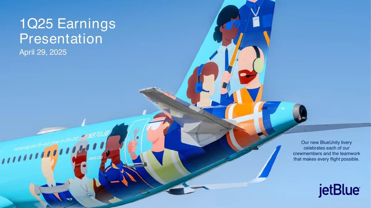 The slide features a high-quality photograph of the tail section of a JetBlue aircraft with a custom livery.