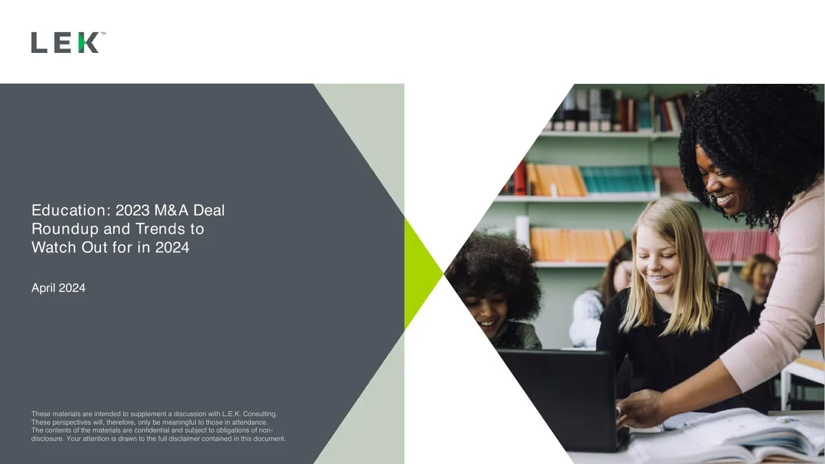 Education: 2023 M&amp;A Deal Roundup and Trends to Watch Out for in 2024 · slide 1