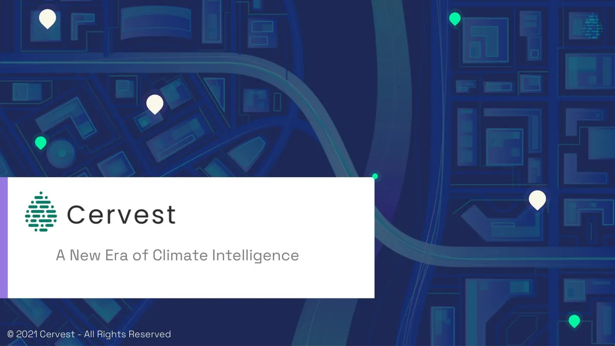 This pitch deck helped Cervest;; which predicts climate damage to real estate;; raise $30 million from Salesforce CEO Marc Benioff and other investors · slide 1