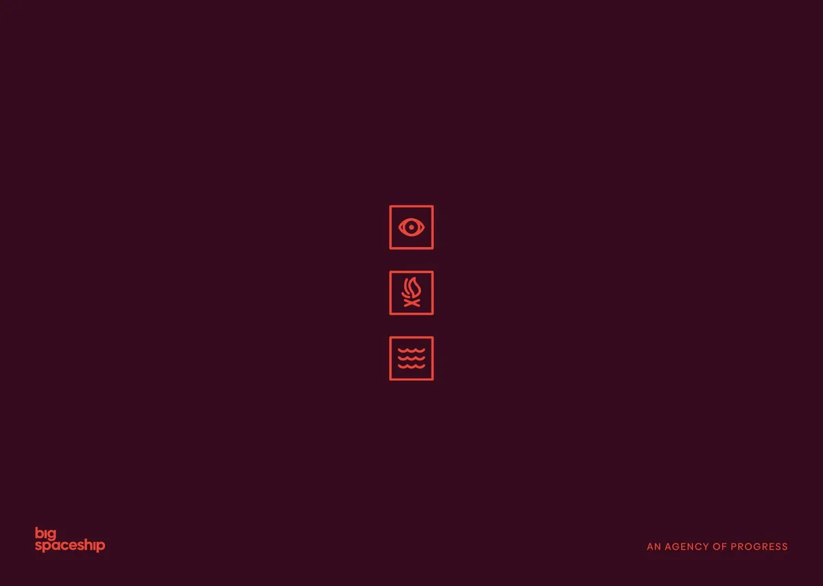 The slide uses a dark maroon background with red line-art icons. The agency logo 'big spaceship' and tagline 'AN AGENCY OF PROGRESS' are present.