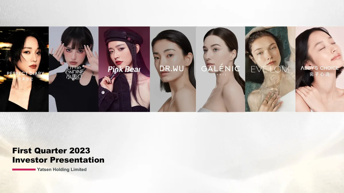 The slide displays seven distinct brand identities under the Yatsen umbrella.