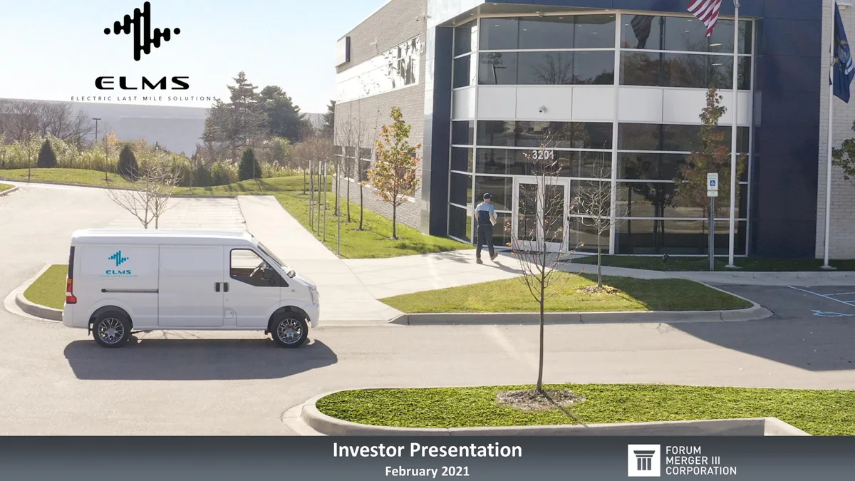 Features company logo, branding on a vehicle, and the partner Forum Merger III Corporation.