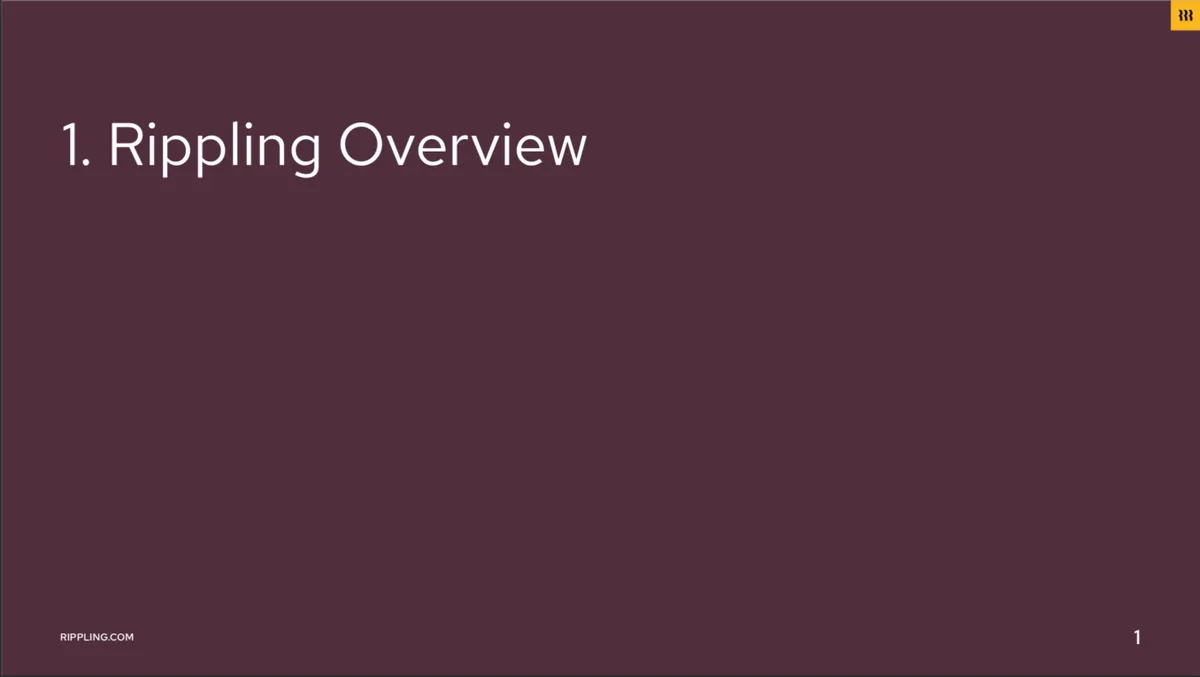 Here's the pitchdeck template that $1.3 billion cloud HR startup Rippling used to raise $145 million from investors led by Founders Fund · slide 1