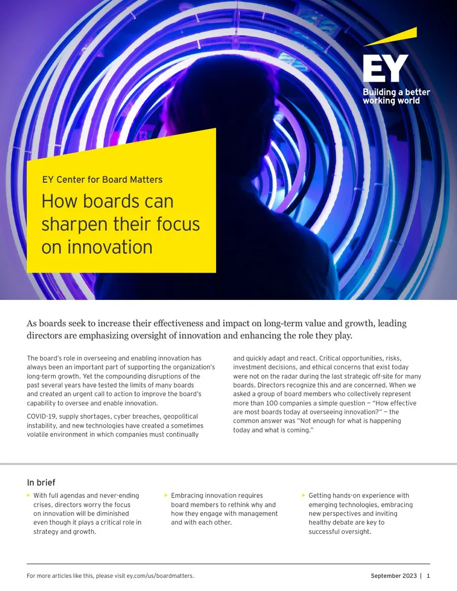 Includes EY branding and a summary of the report's core themes.