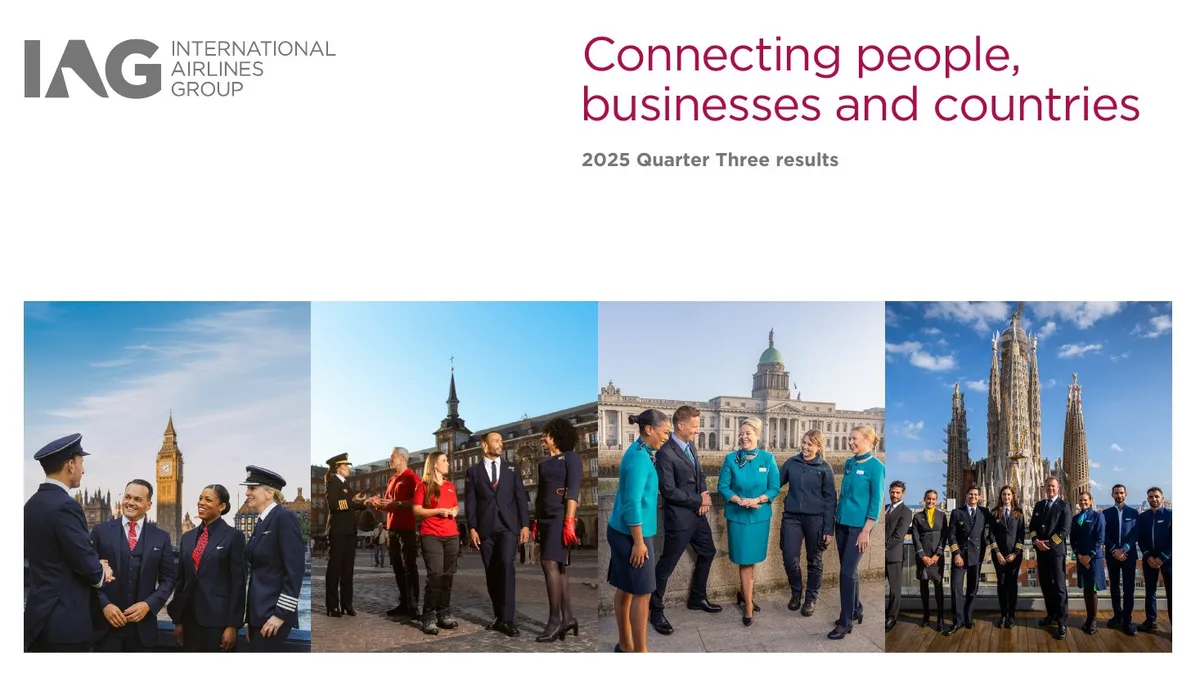 Features corporate branding and imagery of airline staff in various international locations.