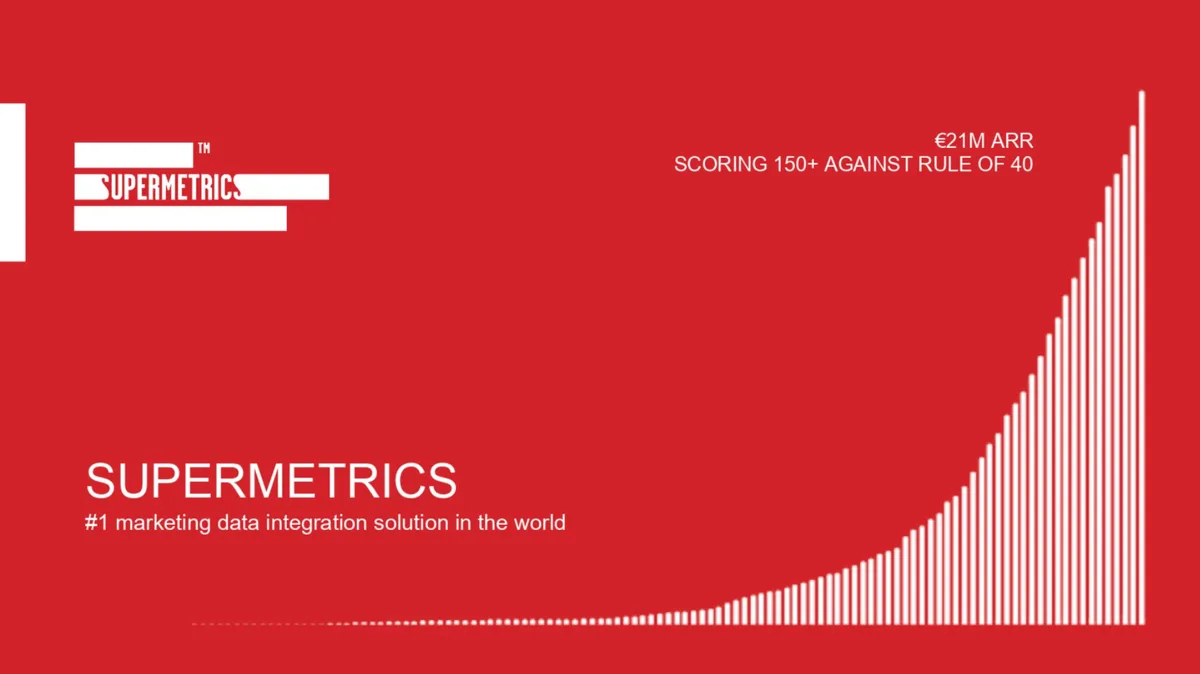 The slide uses a bar chart as a visual element to represent growth, with key metrics overlaid.