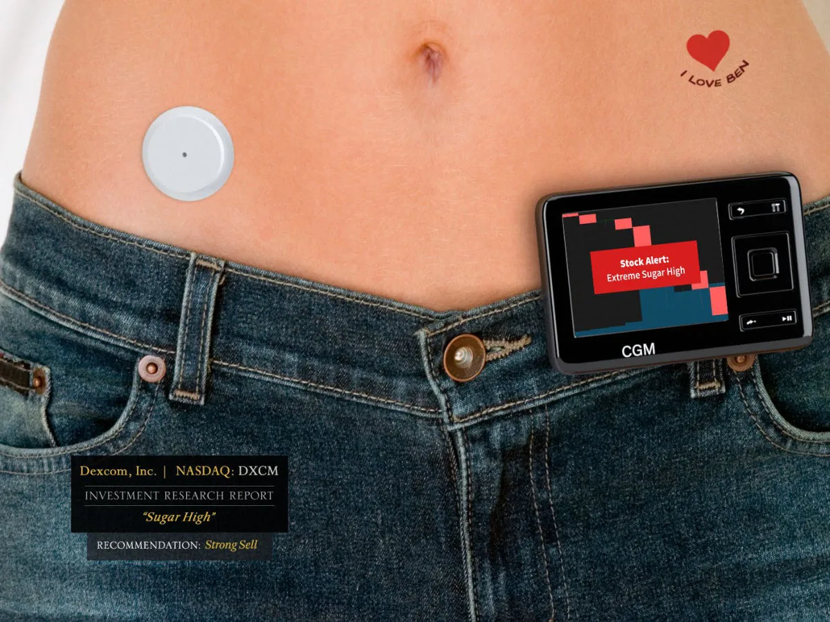The slide uses a visual metaphor of a Continuous Glucose Monitor (CGM) to imply the company is in an 'extreme sugar high' (overvalued) state.
