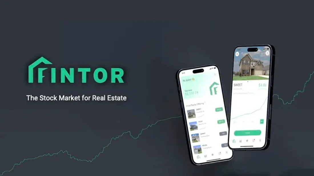 Includes a stylized stock market line graph in the background and product screenshots.