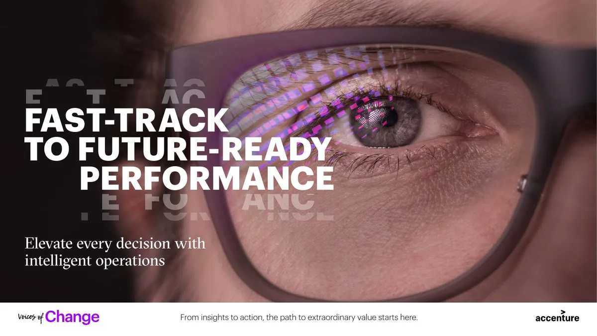 The slide uses a high-impact visual of an eye behind glasses with digital overlays, typical of Accenture's 'Voices of Change' branding.