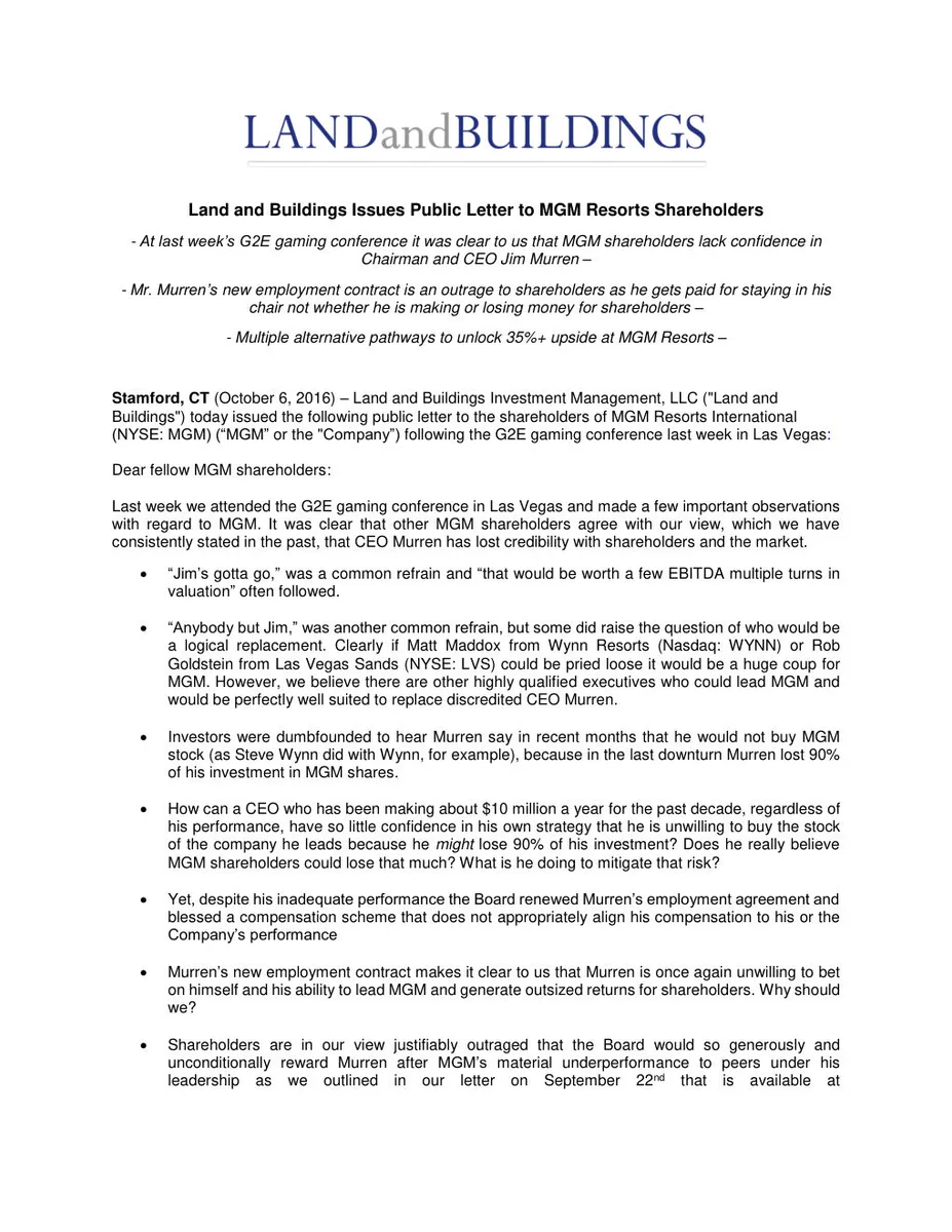 The document is a press release formatted as a letter to shareholders.