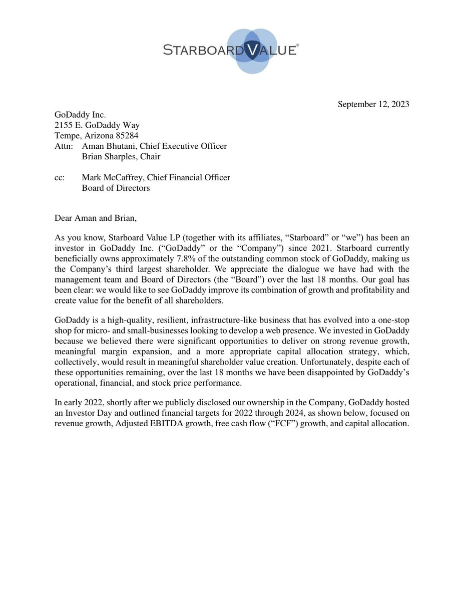 This is the first page of a shareholder letter from Starboard Value to GoDaddy.