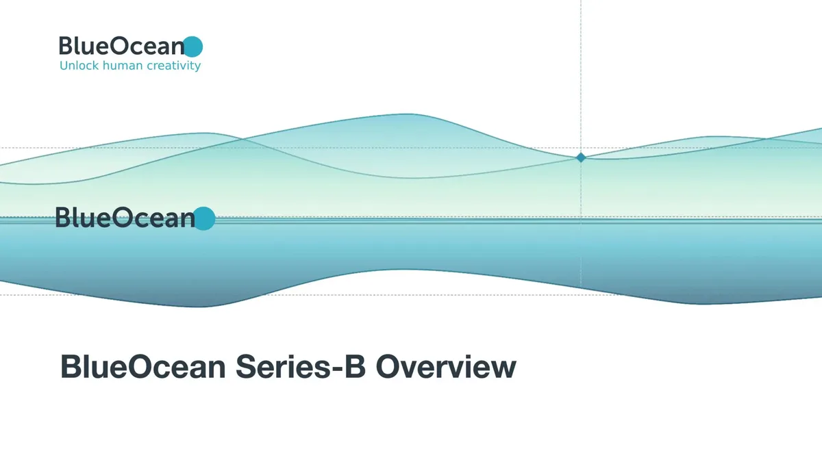 The slide features a stylized wave graphic and the company logo.