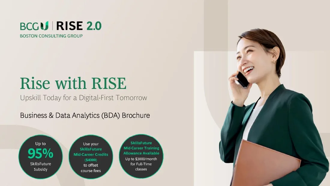 The slide features branding for BCG RISE 2.0 and promotes upskilling with specific financial incentives.
