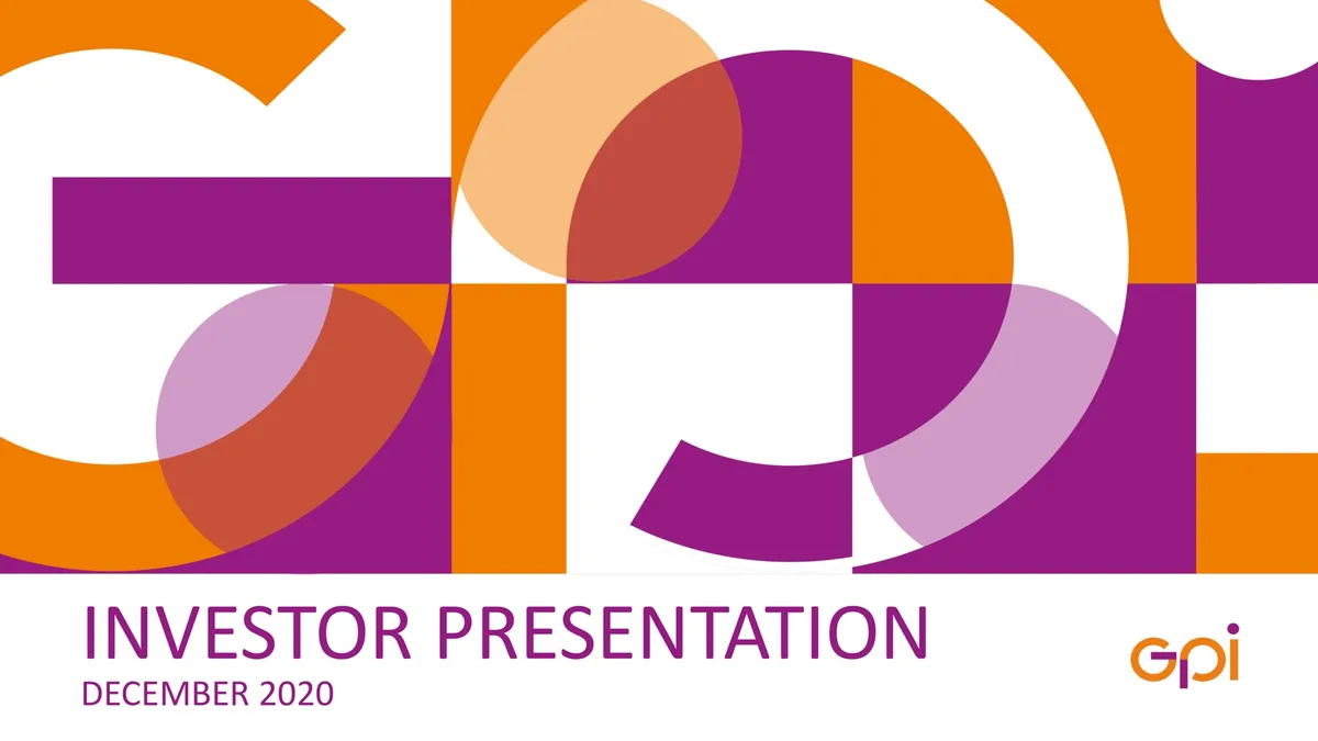 The slide features a large, abstract geometric pattern in orange and purple, with the company logo 'gpi' in the bottom right corner.