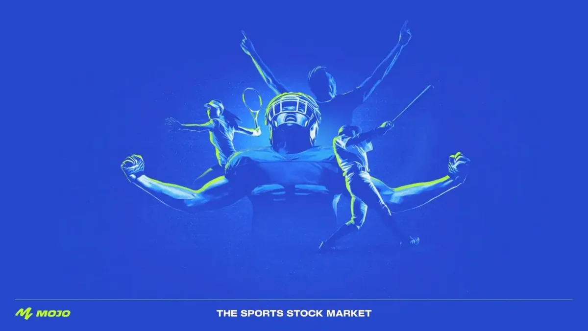 The slide uses a blue and yellow color palette with a central montage of sports figures.